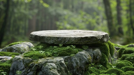 Obraz premium Stone podium on nature background. Mock up stand for product presentation. AI Generated