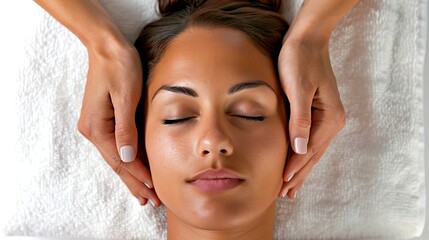 Naklejka premium Relaxing spa massage concept. Picture of a woman receiving a head massage therapy. Tranquil and peaceful ambiance. Close-up image ideal for wellness and relaxation themes. AI