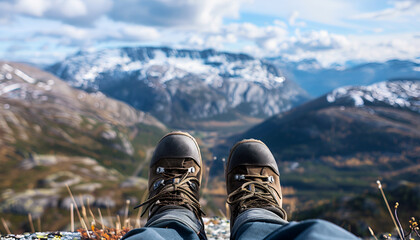 persons feet with hiking boots resting at a mountain top