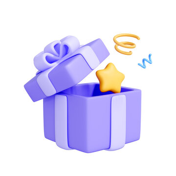 Purple gift box with a white bow and a yellow star inside isolated on white background. Creative cartoon design icon. 3D render illustration