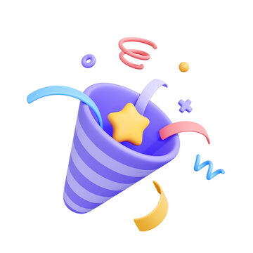Purple and white striped party popper, exploding with confetti in the shape of stars, spirals, and circles isolated on white background. Creative cartoon design icon. 3D render illustration
