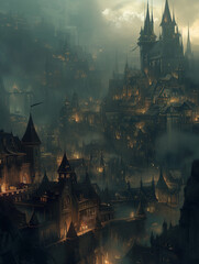 A fantasy city at night, inspired by Victorian Gothic architecture, shrouded in thick fog.