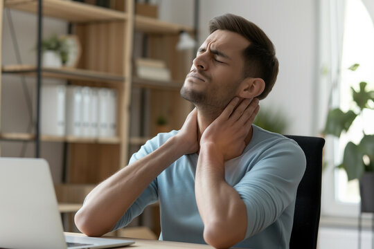 Pain in the neck muscle of Caucasian young man. Nape pain and nuchal stiffness concept.