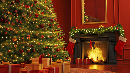 Room interior: Christmas tree with gifts, fireplace with Christmas stockings