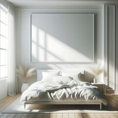 A white bedroom style interior set design have mockup poster empty white with A bed in bedroom style interior set design and a framed picture creative.