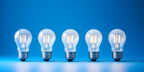 Blue background with white LED light bulbs representing energy efficiency and innovation. Concept Energy Efficiency, Innovation, Blue Background, White LED Light Bulbs