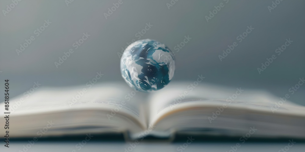 Poster earth suspended above open book symbolizes profound connection between knowledge and world. concept 