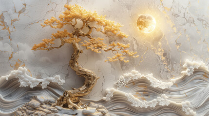 Volumetric stucco molding on a concrete wall with golden elements, Japanese landscape, waterfall, mountains.