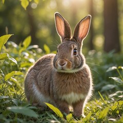 Fototapeta premium Curious Rabbit in Grass with Spring Leaves Cinematic Film Still