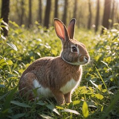 Fototapeta premium Curious Rabbit in Grass with Spring Leaves Cinematic Film Still