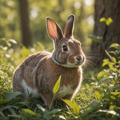 Fototapeta premium Curious Rabbit in Grass with Spring Leaves Cinematic Film Still