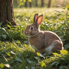 Fototapeta premium Curious Rabbit in Grass with Spring Leaves Cinematic Film Still