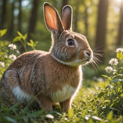 Fototapeta premium Curious Rabbit in Grass with Spring Leaves Cinematic Film Still