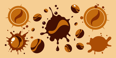 Obraz premium Several stylized coffee beans and splashes of coffee can be seen against a beige background, capturing the dynamic and liquid nature of the spilled liquid.Whole and split coffee beans are sprinkled.AI