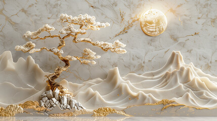 Volumetric stucco molding on a concrete wall with golden elements, Japanese landscape, waterfall, mountains.