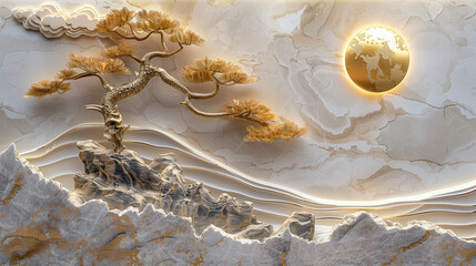 Volumetric stucco molding on a concrete wall with golden elements, Japanese landscape, waterfall, mountains.