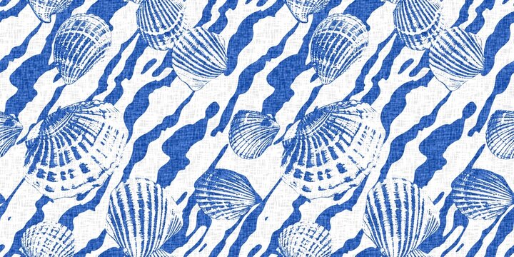 Azure blue white shell motif with linen seamless batik border background. Modern coastal beach cottage rustic shell block print home decor pattern design in sealife beach banner style. 