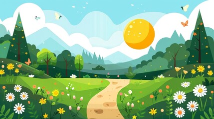 Fototapeta premium Grass spring sun daytime flat design side view hiking trail theme water color vivid