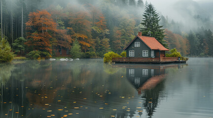 Fototapeta premium A cottage with lake in the forest overcast. Generative AI.