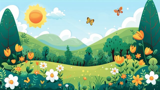 Grass spring sun daytime flat design front view gardening theme animation Triadic Color Scheme