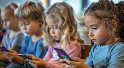 Obraz premium Group of kids using smartphones during lesson in school. Generative AI.