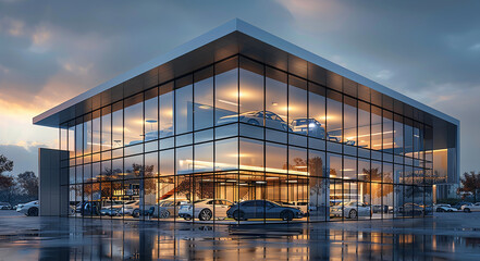 A modern car showroom exterior with cars parked in front. The building has large glass windows and doors, creating an open feeling. It is illuminated with LED lighting on the walls. Generative AI.