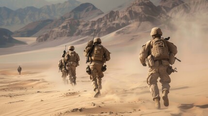 A Team Military with weapons moving patrolling desert landscape, back view.