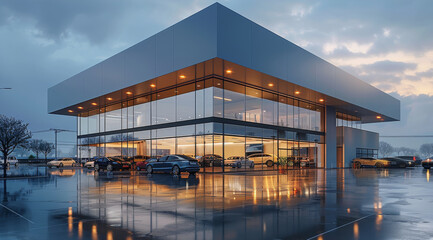 A modern car showroom exterior with cars parked in front. The building has large glass windows and doors, creating an open feeling. It is illuminated with LED lighting on the walls. Generative AI.