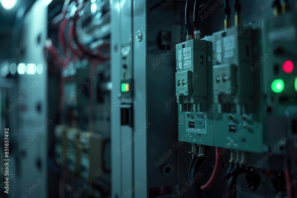 Poster A close-up view of a control panel with a bright green light illuminating the area, suitable for use in technology and machinery settings