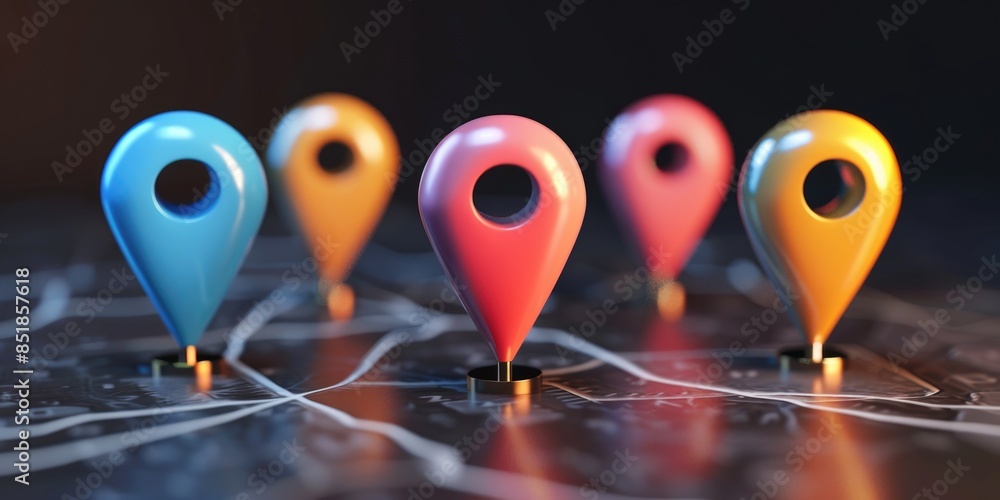 Aufkleber a close-up view of various colored pins on a physical map, ideal for illustrating locations or route