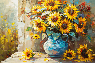 A vibrant painting of a sunflower bouquet in a blue vase against an impressionist-style background