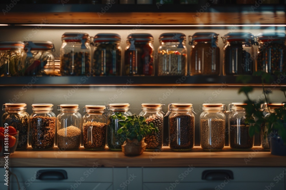 Poster a shelf filled with various jars containing food