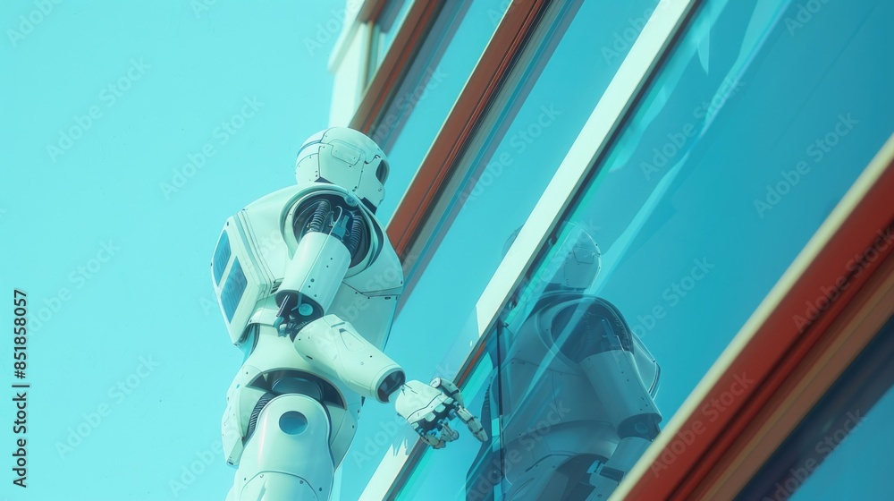 Poster A white robot stands next to a building with a modern architecture, suitable for use in sci-fi or futuristic themed projects