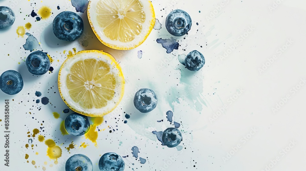 Poster fresh blueberries and lemon slices on a white background with colorful splashes of juice. conceptual