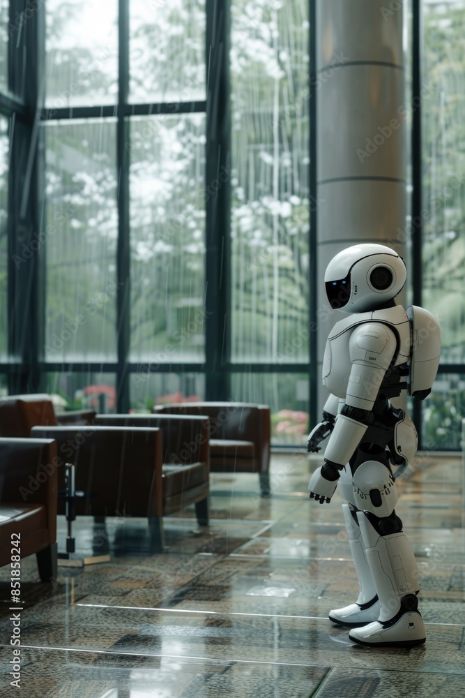 Poster a robot standing in a modern lobby with a glass wall in the background, perfect for futuristic or te