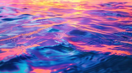 Close-up of colorful sunset reflections on rippling water, showcasing vivid pink, purple, and blue...