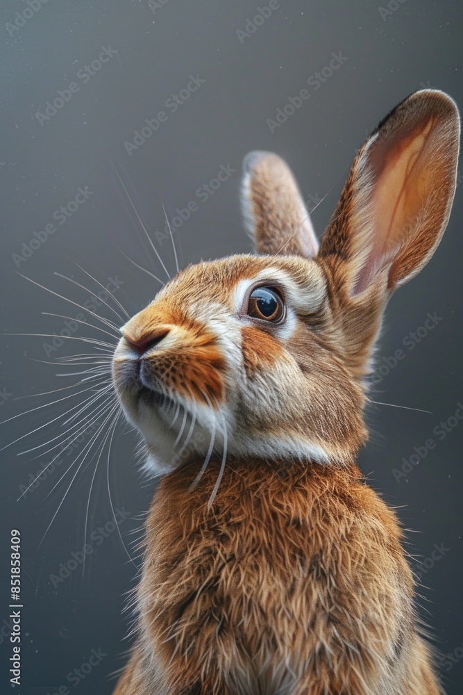 Poster a close-up shot of a rabbit's face on a gray background, great for illustrations or design elements