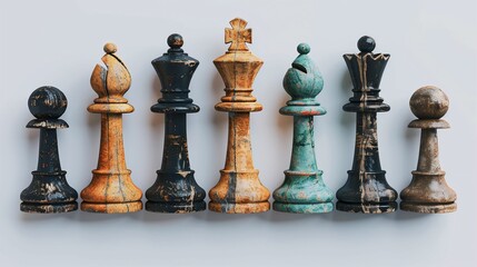 A set of vintage chess pieces, featuring a worn and weathered look, displayed against a light background.