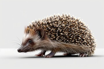 Obraz premium A small hedgehog standing on a white surface, suitable for illustrations or designs