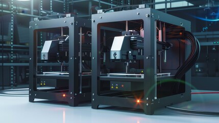 3D printer, manufacturing process, side view, highlighting precision fabrication, digital tone, vivid