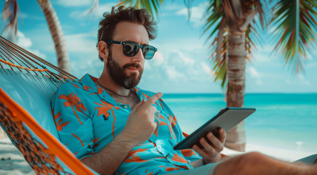A handsome man with a beard and sunglasses relaxing in a hammock on the beach holding a tablet , wearing a blue shirt with orange accents, 