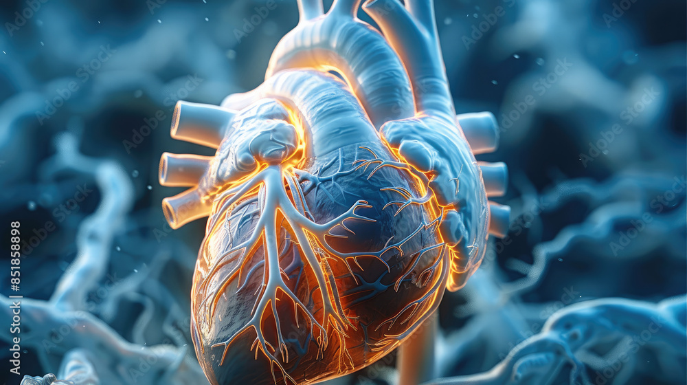 Poster vivid graphic representation of heart health, dynamic visuals depicting cardiovascular system, bold 