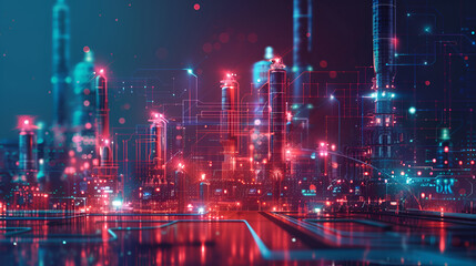 Fototapeta premium Smart factory concept, abstract tech background, demonstrating Industry 4.0 revolution through automation and data exchange in manufacturing technologies. 