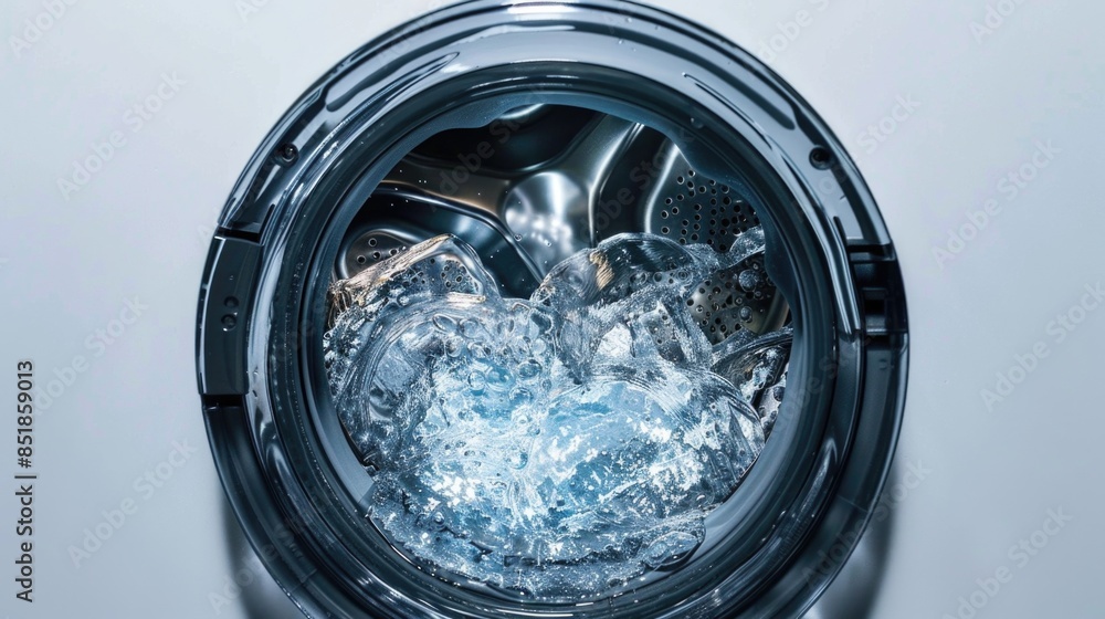 Poster a close-up view of a washing machine with water flowing out as it's in use