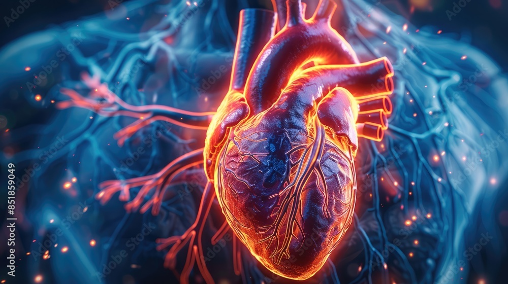 Poster vivid graphic representation of heart health, dynamic visuals depicting cardiovascular system, bold 