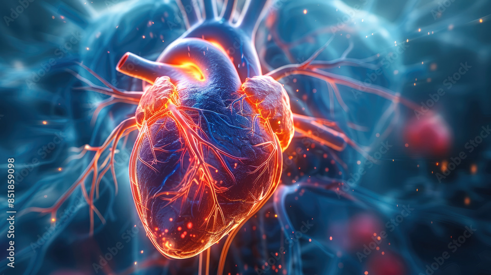 Poster vivid graphic representation of heart health, dynamic visuals depicting cardiovascular system, bold 