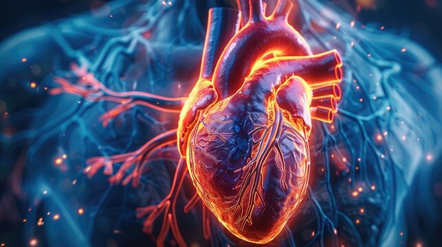 Vivid graphic representation of heart health, dynamic visuals depicting cardiovascular system, bold colors, clear arteries and strong heartbeat. 3d rendering. Generative AI.
