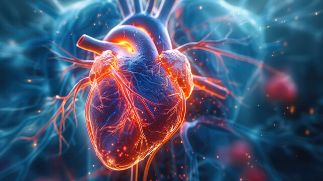 Vivid graphic representation of heart health, dynamic visuals depicting cardiovascular system, bold colors, clear arteries and strong heartbeat. 3d rendering. Generative AI. - Powered by Adobe
