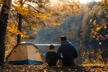 Family camping in an autumn forest near a lake, a father and son sitting together on the ground looking at the beautiful view of the natural landscape, a tent nearby, during the go