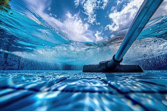 A pool vacuum cleaner at the bottom of a swimming pool, surrounded by water